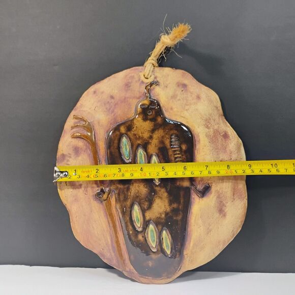 Vtg Art Stone Pottery Wall Plaque Abstract Ethnic Silhouette Holds Staff Glazed - Picture 7 of 10